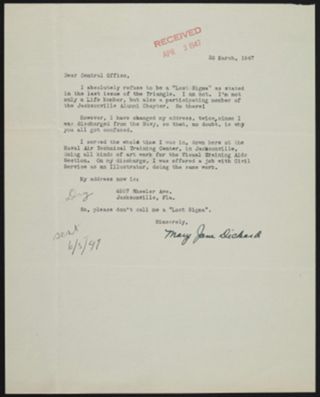 Mary Jane Dickard to Central Office Letter, March 30, 1947
