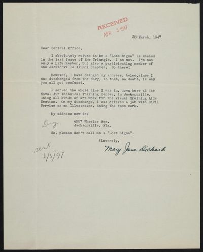 Mary Jane Dickard to Central Office Letter, March 30, 1947