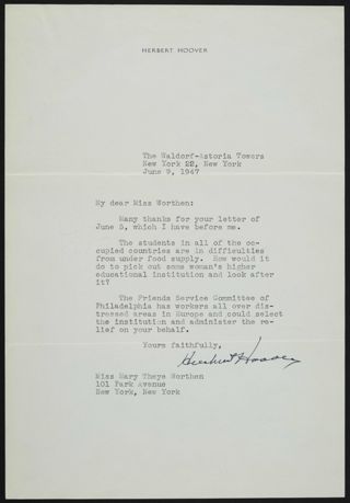 Herbert Hoover to Mary Worthen Letter, June 9, 1947