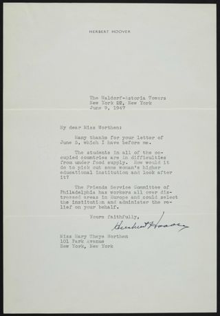 Herbert Hoover to Mary Worthen Letter, June 9, 1947