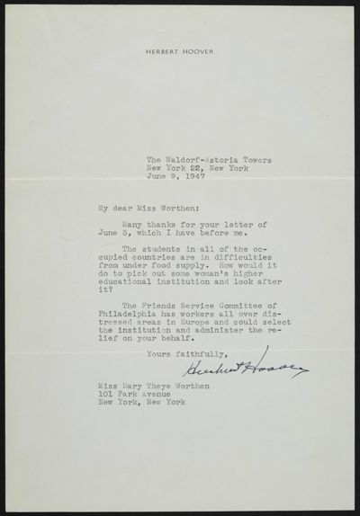 Herbert Hoover to Mary Worthen Letter, June 9, 1947