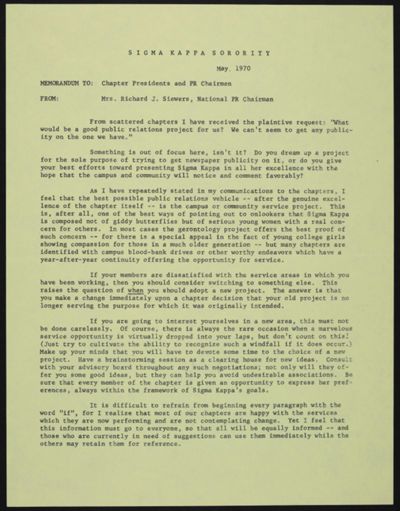 Mrs. Richard J. Siewers to Chapter Presidents and PR Chairmen Memo, May 1970