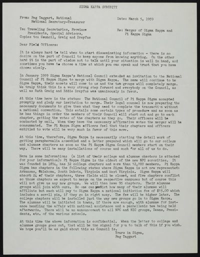 Peg Taggart to Field Officers Letter, March 5, 1959