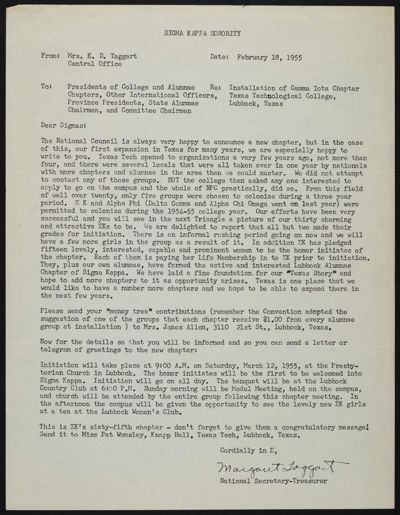 Margaret Taggart to Sigmas Letter, February 18, 1955