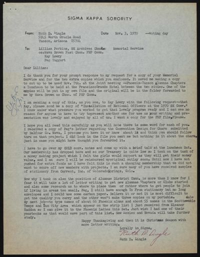 Ruth Lingle to Lillian Perkins Typed Letter, November 3, 1970