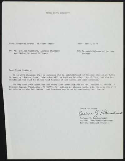 Barbara G. Kleinschmidt to Sigma Sisters Letter, April 1978