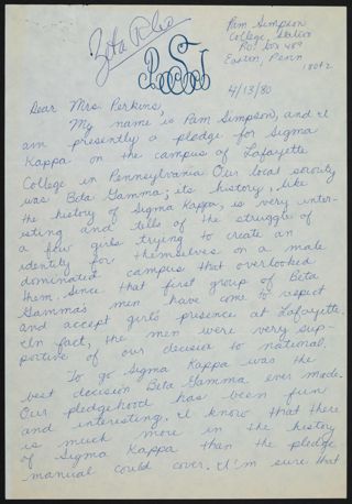 Pam Simpson to Lillian Perkins Letter, April 13, 1980