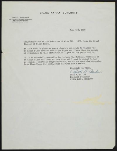 Ruth A. Miller to Initiates Letter, June 3, 1959