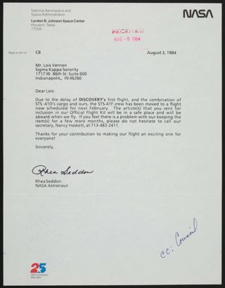 Rhea Seddon to Lois Vernon Letter, August 3, 1984