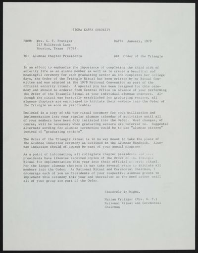 Marian Frutiger to Alumnae Chapter Presidents Memo, January 1979