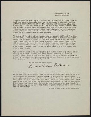 Louise Coburn Founders' Day Message to Chapters, October 20, 1938