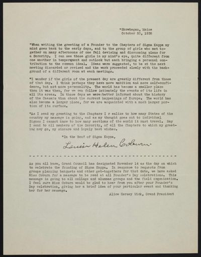 Louise Coburn Founders' Day Message to Chapters, October 20, 1938