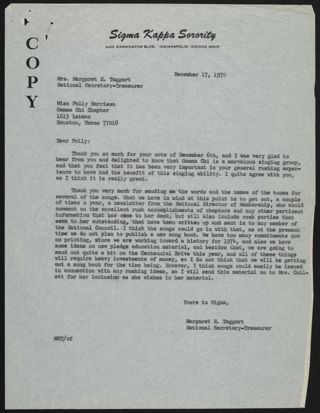 Margaret H. Taggart to Polly Harrison Letter, December 17, 1970