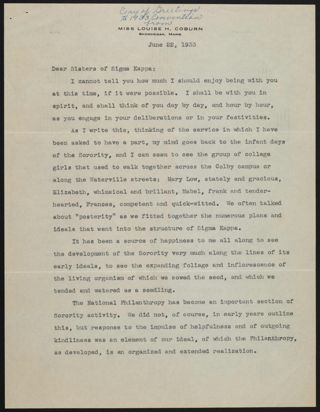 Louise Coburn to Sisters of Sigma Kappa Letter, June 22, 1933