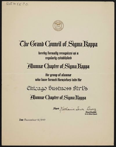 Chicago Business Girl's Alumnae Chapter Charter, December 10, 1949