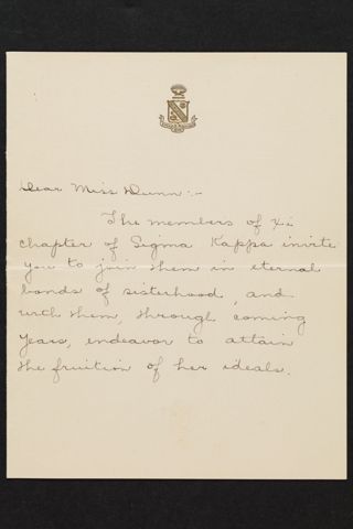 Xi Chapter to Violet Dunn Invitation, 1913