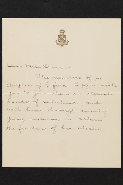 Xi Chapter to Violet Dunn Invitation, 1913