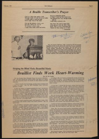 Helping the Blind Make Beautiful Music Newspaper Clipping, February 1979