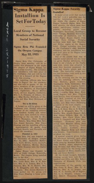 Sigma Kappa Installation Is Set for Today and Sigma Kappa Sorority Installed Newspaper Clippings, April 28, 1928