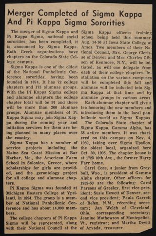 Merger Completed of Sigma Kappa and Pi Kappa Sigma Sororities Newspaper Clipping, 1959