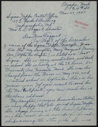 Clayton Farrington to Margaret Taggart Letter, March 29, 1947