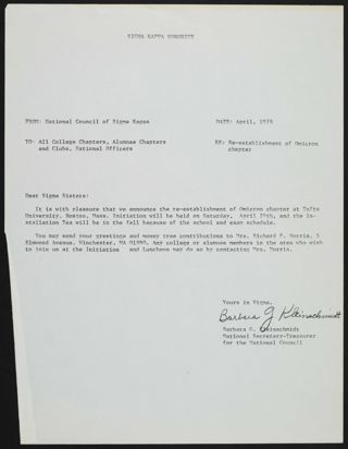 Barbara G. Kleinschmidt to Sigma Sisters Letter, April 1978