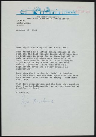 Margaret Chase Smith to Phyllis Markley and Paula Williams Letter, October 17, 1989