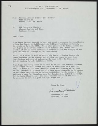 Ernestine Collins to Sigmas Letter, 1977