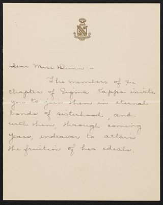 Xi Chapter to Violet Dunn Invitation, 1913