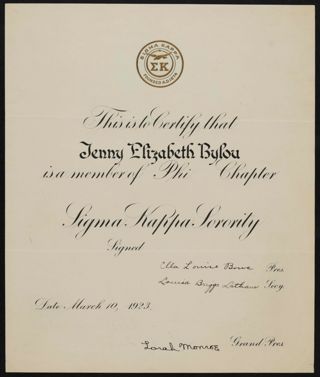 Jenny Elizabeth Bylow Membership Certificate, March 10, 1923