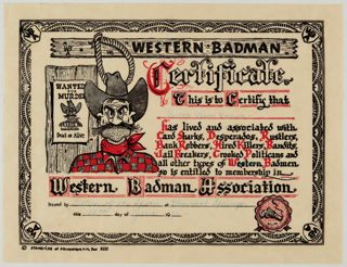 Wava Brown Western Badman Certificate, June 28, 1956