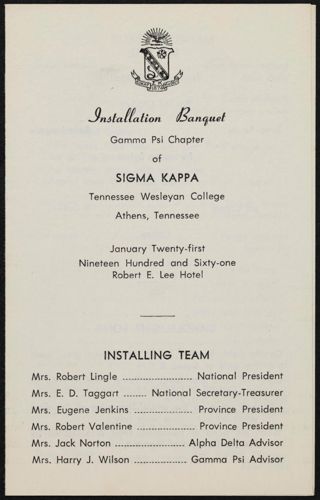 Gamma Psi Chapter Installation Banquet Program, January 21, 1961