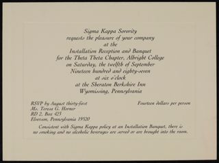 Theta Theta, Albright College, Installation Reception and Banquet Invitation, September 12, 1987