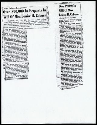 Over $90,000 In Bequests In Will of Miss Louise H. Coburn Newspaper Clipping, February 21, 1949