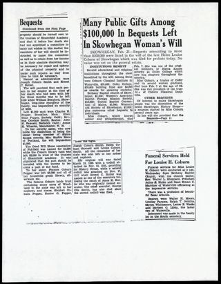 Many Public Gifts Among $100,000 in Bequests Left in Skowhegan Woman's Will Newspaper Clipping, February 21, 1949