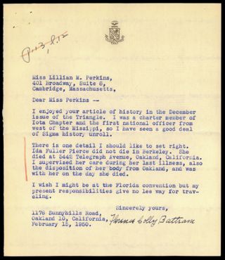 Florence C. Battram to Lillian M. Perkins Letter, February 15, 1950