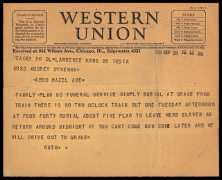 Ruth E. Litchen to Audrey Dykeman Telegram, September 28, 1930