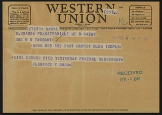 Florence Dunn to Margaret A. Taggart Telegram, February 8, 1949