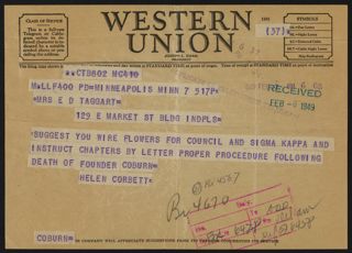 Helen M. Corbett to Margaret A. Taggart Telegram, February 8, 1949