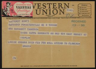 Grace M. Smith to Margaret A. Taggart Telegram, February 8, 1949