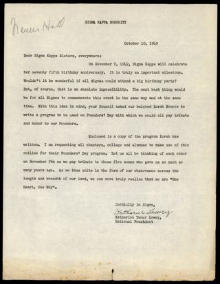 Katharine Lowry to Sigma Kappa Sisters Letter, October 10, 1949