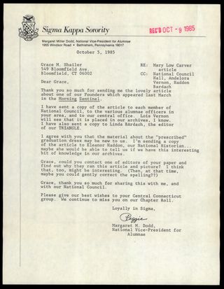 Margaret M. Dodd to Grace M. Shailer Letter, October 5, 1985