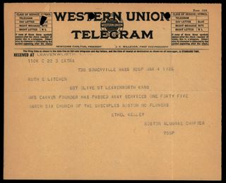 Ethel M. Kelley to Ruth E. Litchen Telegram 1, March 4, 1926