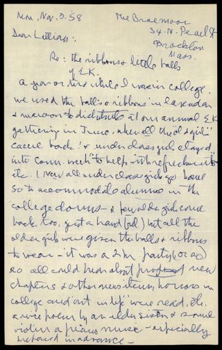 Ruby C. Emerson to Lillian M. Perkins Letter 1, November 3, 1958
