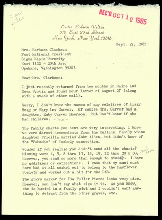 Louise Coburn Velten to Barbara Clarkson Letter, September 27, 1985