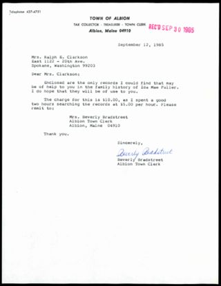 Beverly Bradstreet to Mrs. Ralph E. Clarkson Letter, September 12, 1985