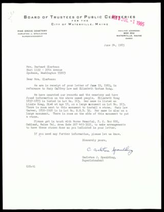 Carleton J. Spaulding to Mrs. Ralph E. Clarkson Letter, June 24, 1985