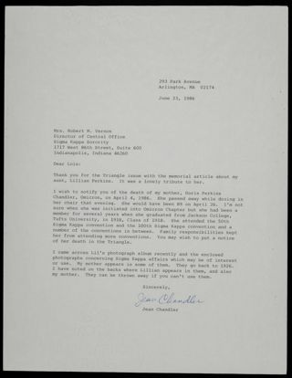 Jean Chandler to Mrs. Robert M. Vernon Letter, June 23, 1986