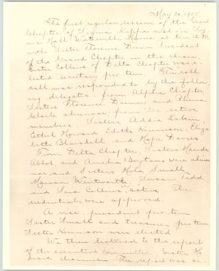 First Regular Session of the Grand Chapter of Sigma Kappa Minutes - Incomplete Copy with Signature Page, May 20, 1905