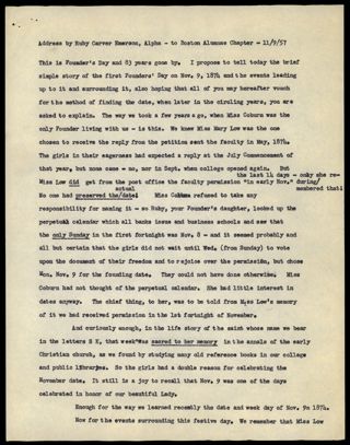 Address by Ruby Carver Emerson to Boston Alumnae Chapter Speech 2, November 9, 1957